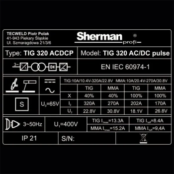 Sherman TIG 320ACDC Pulse + Chłodnica WS-7,5LT + Wózek platformowy TIG